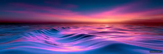 Colorful abstract waves under a glowing sunset sky