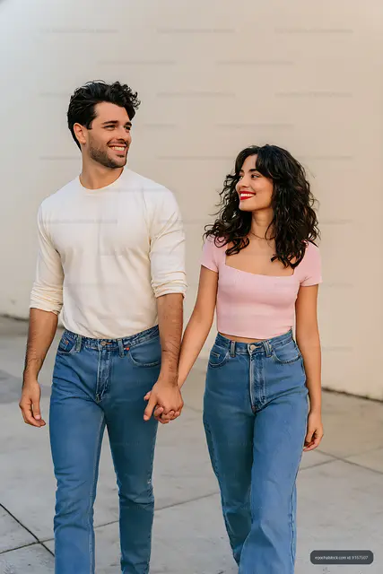 Smiling couple walking hand in hand outdoors