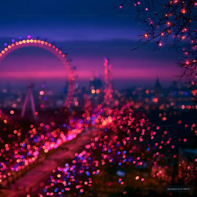Vibrant blurred city lights framed by illuminated branches