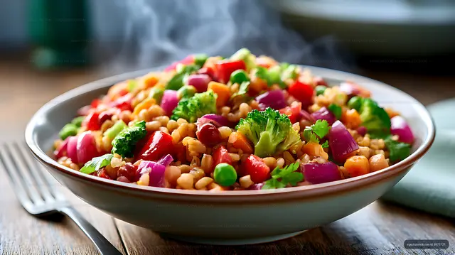 Colorful vegetable salad with grains and chickpeas