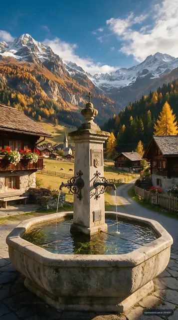 Stone fountain overlooking a Swiss mountain village