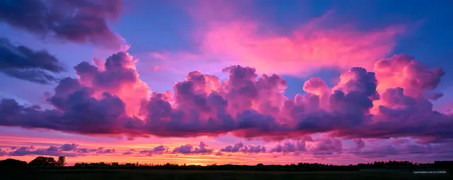 Panoramic sunset sky with glowing pink and purple clouds