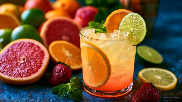 Chilled orange and lime cocktail with colorful fruit