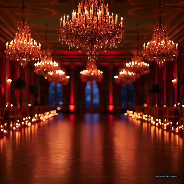 Elegant ballroom illuminated by chandeliers and candles