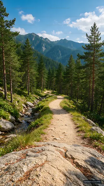 Rocky Trail Through Pine Trees with Mountain Peaks