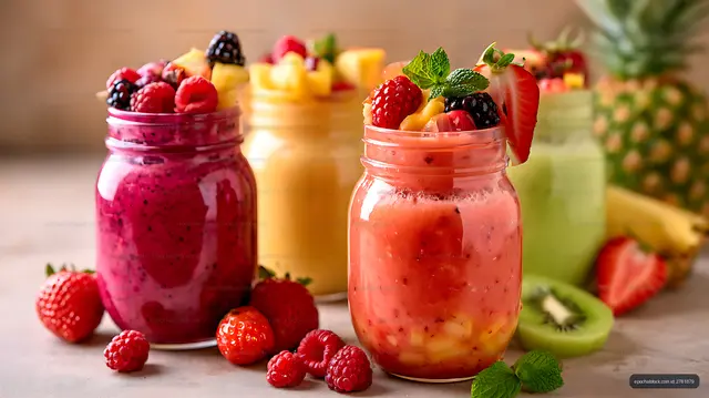 Bright tropical fruit smoothies with berries and mint