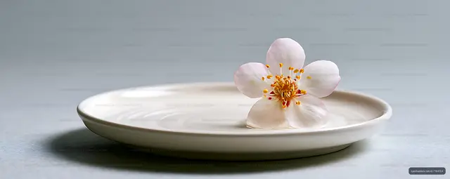 White flower and ceramic dish in minimalist water still life