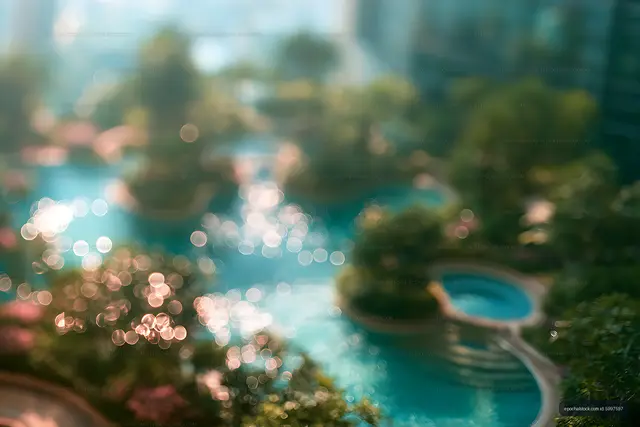 Soft focus turquoise pool surrounded by garden greenery