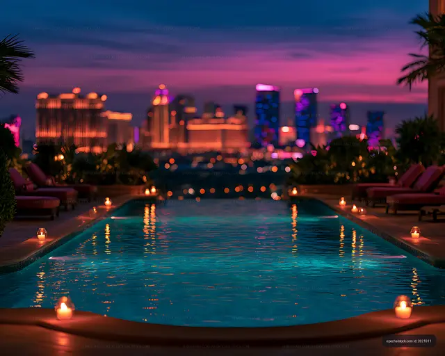 Poolside candles and glowing skyline under a twilight sky