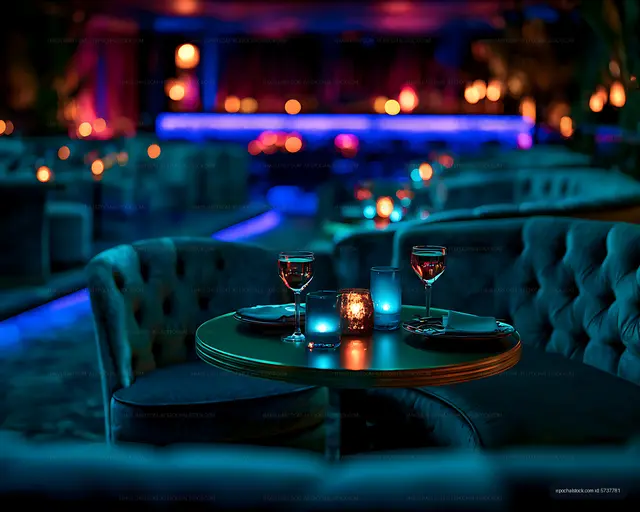 Colorful lounge interior with wine glasses and candlelight