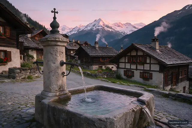 Historic Swiss village fountain beneath snowy Alps
