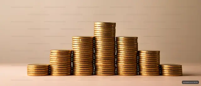 Seven gold coin stacks with tallest stack in the center