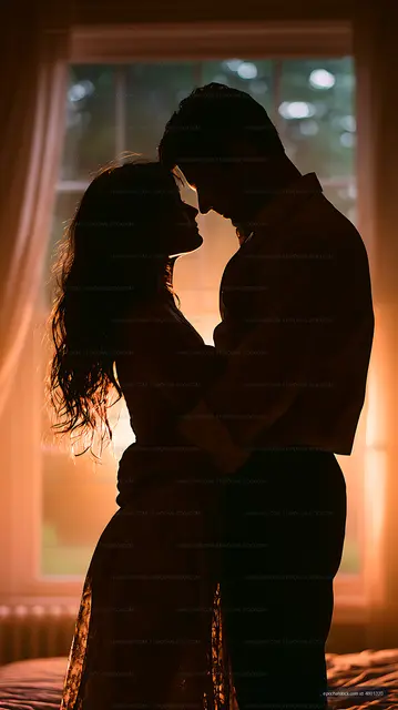 Silhouetted couple sharing an intimate embrace indoors