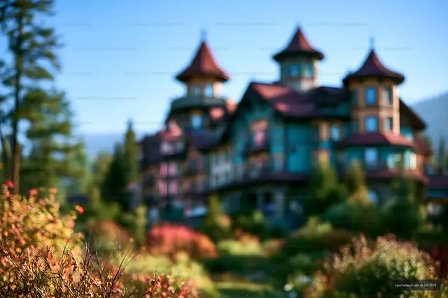 Soft focus turreted house behind a colorful garden