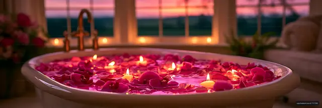 Pink flower petals and candles floating in a bathtub