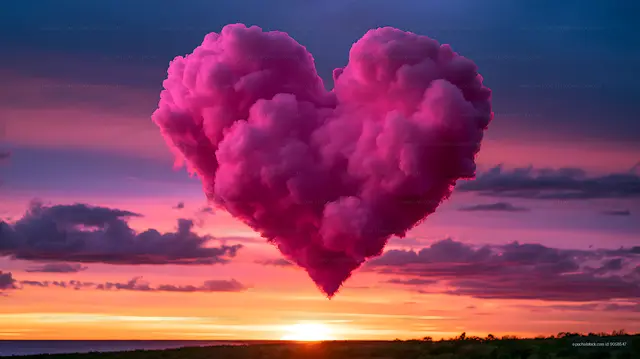 Heart-shaped cloud glowing over a colorful sunset