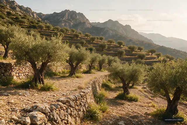 Mountain terraces with olive trees and stone walls