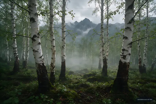 Birch trees and misty peaks in a mountain landscape