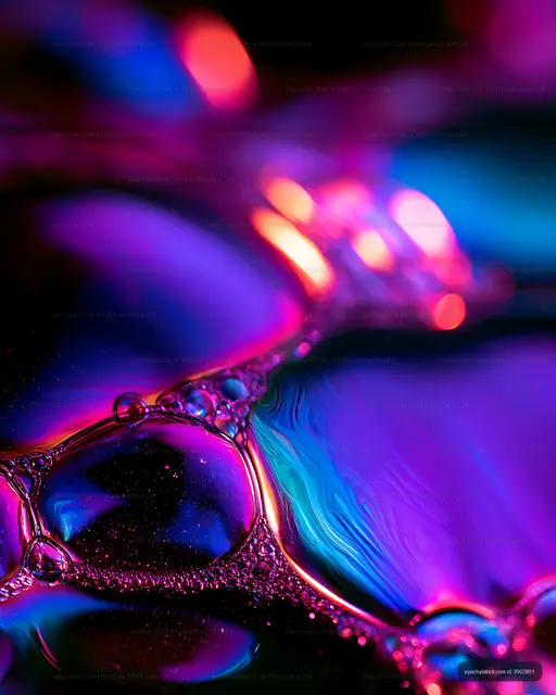 Colorful neon fluid splash with glowing droplets