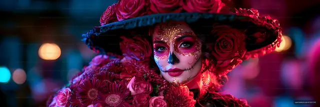 Close-up woman wearing a floral hat and skull-inspired makeup