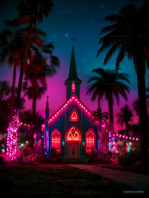 Neon-lit Church Framed by Palm Trees at Dusk