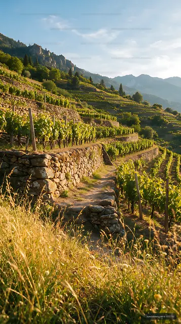 Sunlit terraced vineyard landscape in the mountains