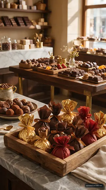 Warm chocolate shop interior with truffles and gift-wrapped sweets