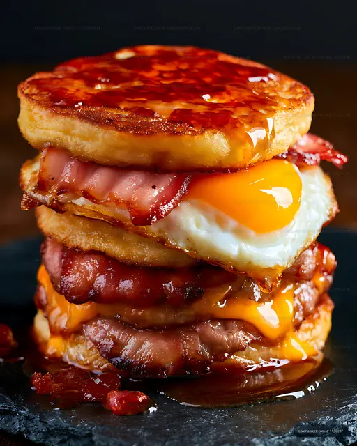 Dramatic breakfast sandwich with egg, bacon, and melted cheese