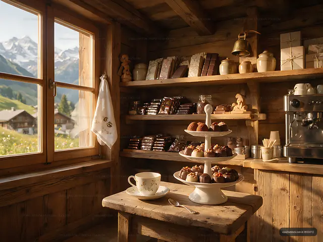 Wooden chocolate store interior overlooking the Alps