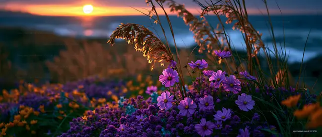 Sunset view over flowers with ocean in the background