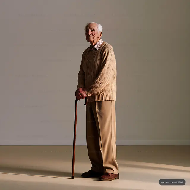 Elderly man holding a wooden cane indoors