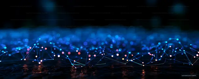 Abstract luminous network with blue nodes and colorful lights