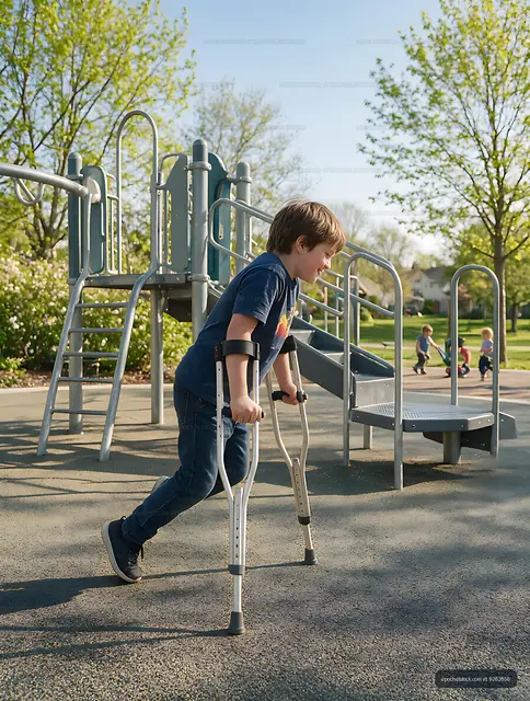 Child with Forearm Crutches at Accessible Playground