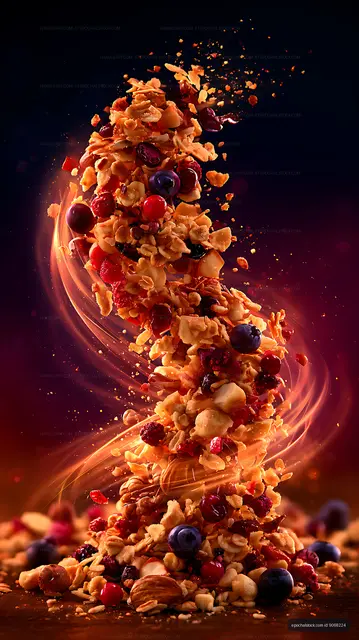 Granola tower with berries, nuts, and flying crumbs