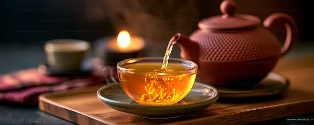 Amber tea being poured from a teapot into a glass cup