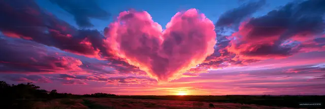 Pink heart cloud over grassy terrain at sunset