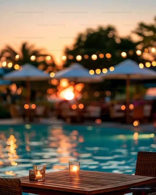 Candlelit Outdoor Table Beside a Pool