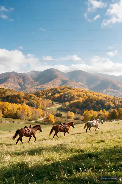 Horseback riding through an autumn mountain meadow