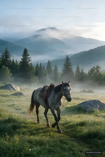 Horse in mountain meadow with misty peaks