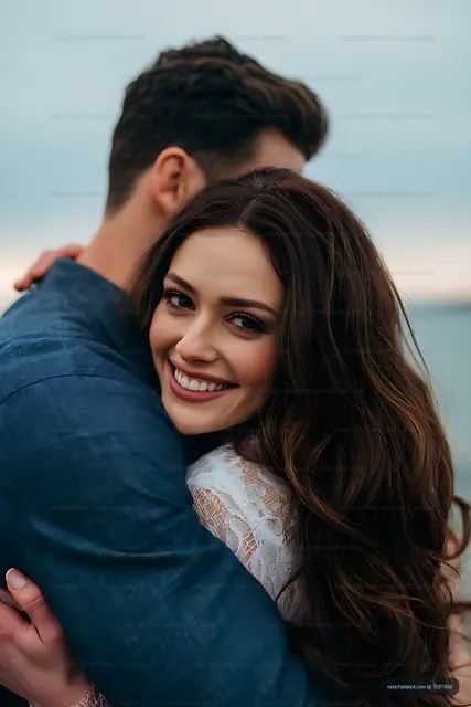 Close-up of a smiling couple hugging near water