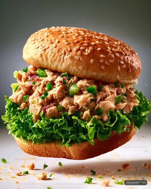 Tuna salad sandwich with sesame bun and crisp lettuce