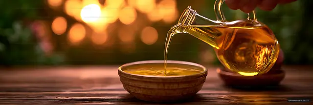 Glass cruet pouring golden oil into ceramic bowl