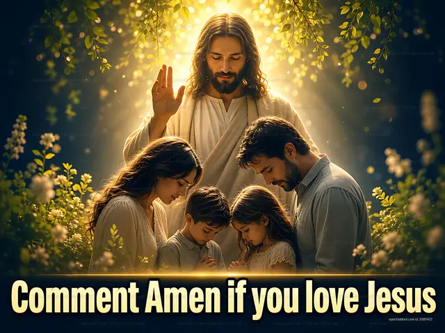 People praying together in a forest with a figure of Jesus