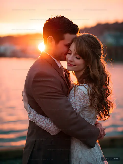 Wedding couple sharing an intimate sunset embrace