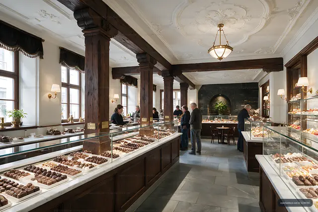 Chocolate shop interior with ornate architecture and display cases