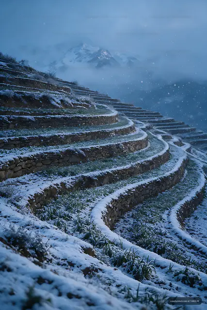 Misty winter view of terraced mountain fields