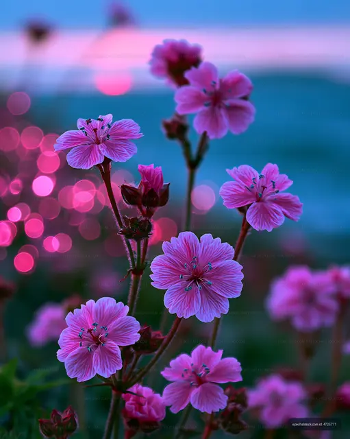 Pink flowers in bloom during sunset by a lake