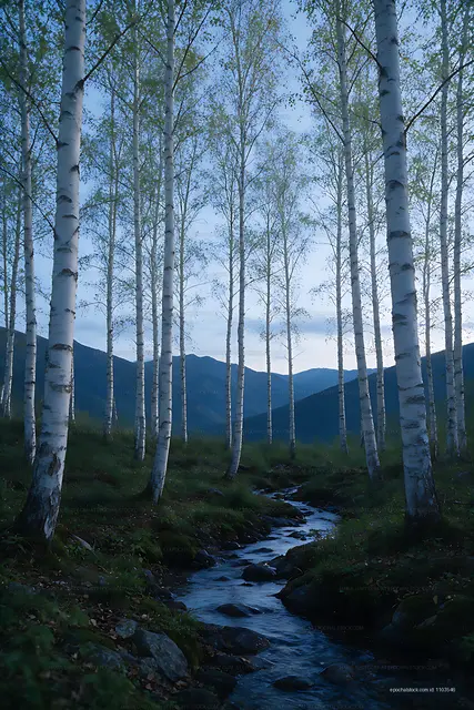 Birch trees and stream beneath distant mountains