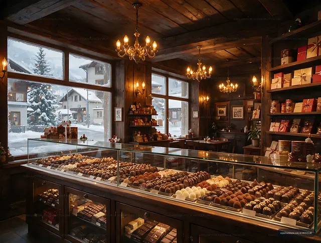Rustic chocolate store interior during a snowy winter