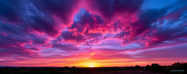 Vivid magenta sunset with layered clouds and tree silhouettes